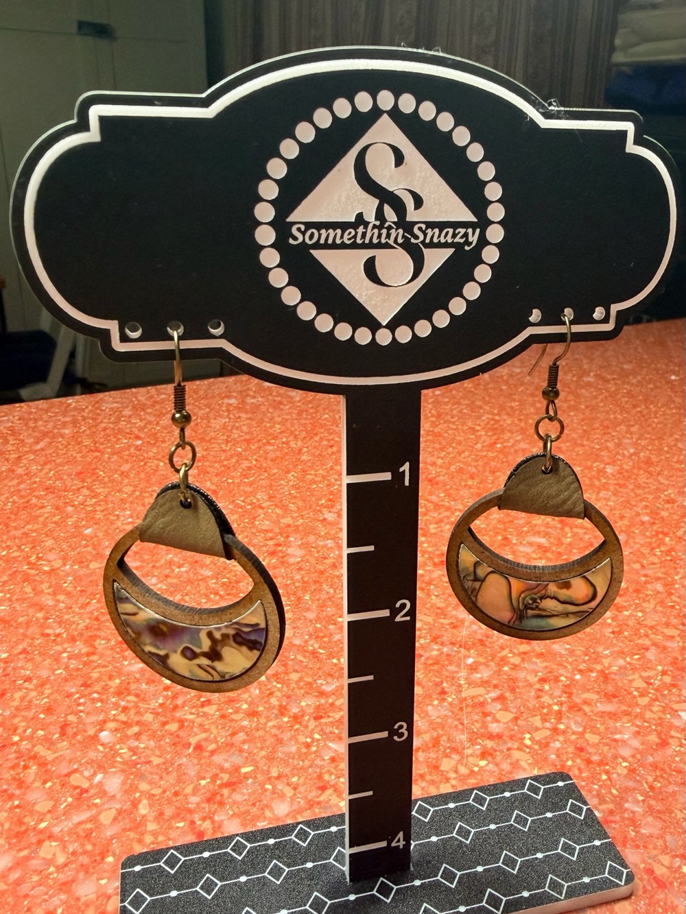 New Zealand Shell Veneer Handcrafted by me Earrings with wood and leather accent